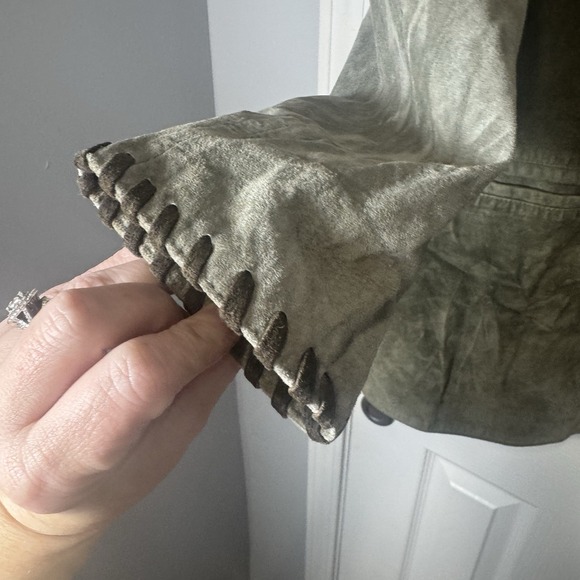 GIORGIO MOBIANI Womens Suede Leather Overcoat 14 Large Green Brown Patchwork Vtg - Picture 3 of 10